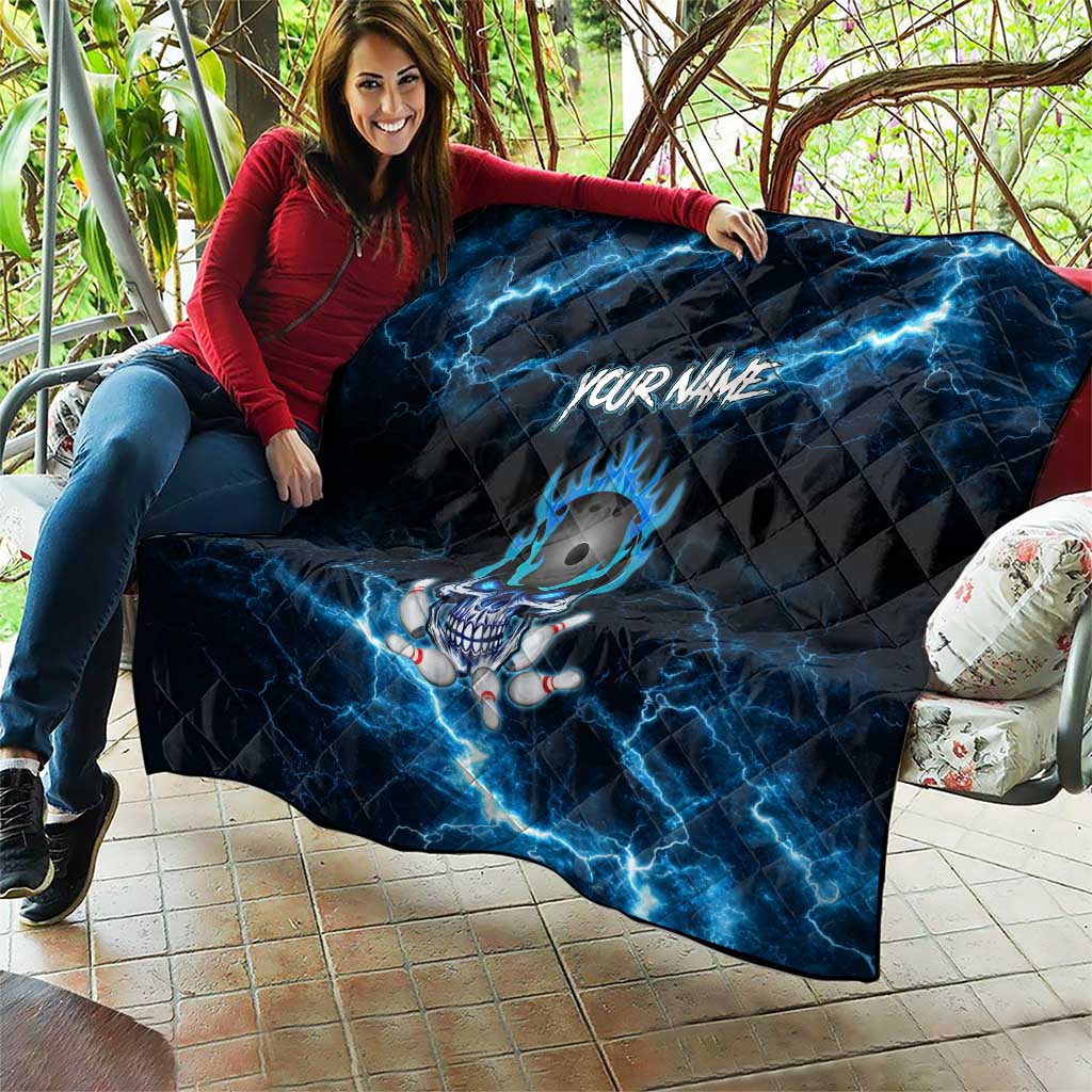 Personalized Bowling Skull Quilt with Blue Flame Energy and Electric Lightning Strike Pattern - Wonder Print Shop