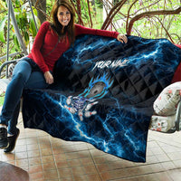 Personalized Bowling Skull Quilt with Blue Flame Energy and Electric Lightning Strike Pattern - Wonder Print Shop