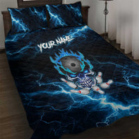 Personalized Bowling Skull Quilt Bed Set with Blue Flame Energy and Electric Lightning Strike Pattern - Wonder Print Shop