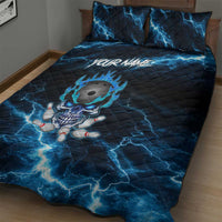 Personalized Bowling Skull Quilt Bed Set with Blue Flame Energy and Electric Lightning Strike Pattern - Wonder Print Shop