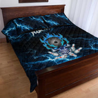 Personalized Bowling Skull Quilt Bed Set with Blue Flame Energy and Electric Lightning Strike Pattern - Wonder Print Shop
