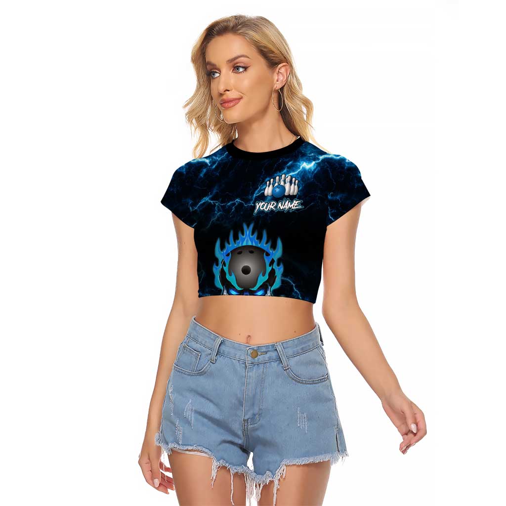 Personalized Bowling Skull Raglan Cropped T Shirt with Blue Flame Energy and Electric Lightning Strike Pattern - Wonder Print Shop