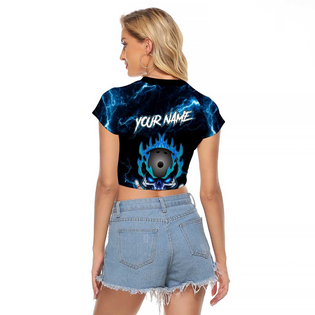 Personalized Bowling Skull Raglan Cropped T Shirt with Blue Flame Energy and Electric Lightning Strike Pattern - Wonder Print Shop