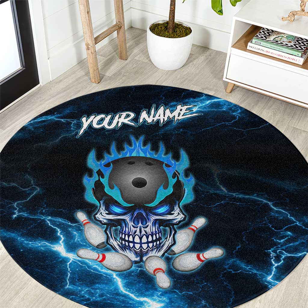 Personalized Bowling Skull Round Carpet with Blue Flame Energy and Electric Lightning Strike Pattern - Wonder Print Shop