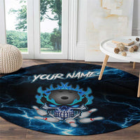 Personalized Bowling Skull Round Carpet with Blue Flame Energy and Electric Lightning Strike Pattern - Wonder Print Shop