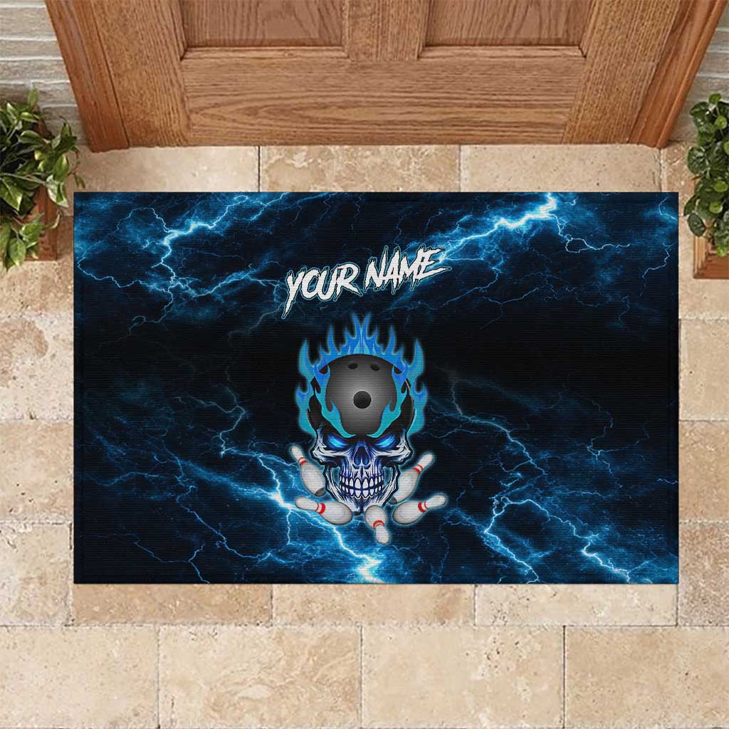 Personalized Bowling Skull Rubber Doormat with Blue Flame Energy and Electric Lightning Strike Pattern - Wonder Print Shop