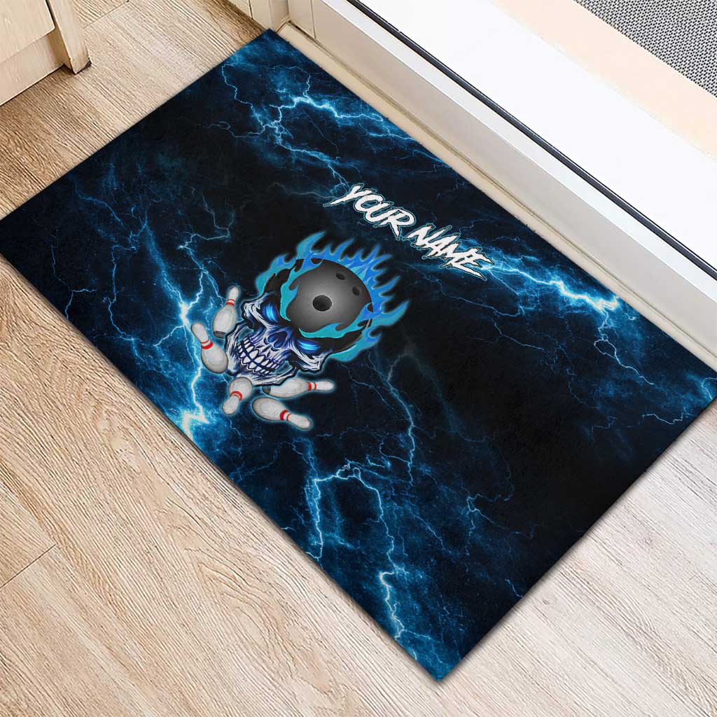 Personalized Bowling Skull Rubber Doormat with Blue Flame Energy and Electric Lightning Strike Pattern - Wonder Print Shop