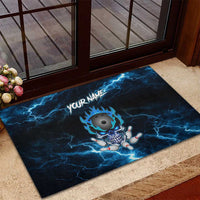 Personalized Bowling Skull Rubber Doormat with Blue Flame Energy and Electric Lightning Strike Pattern - Wonder Print Shop