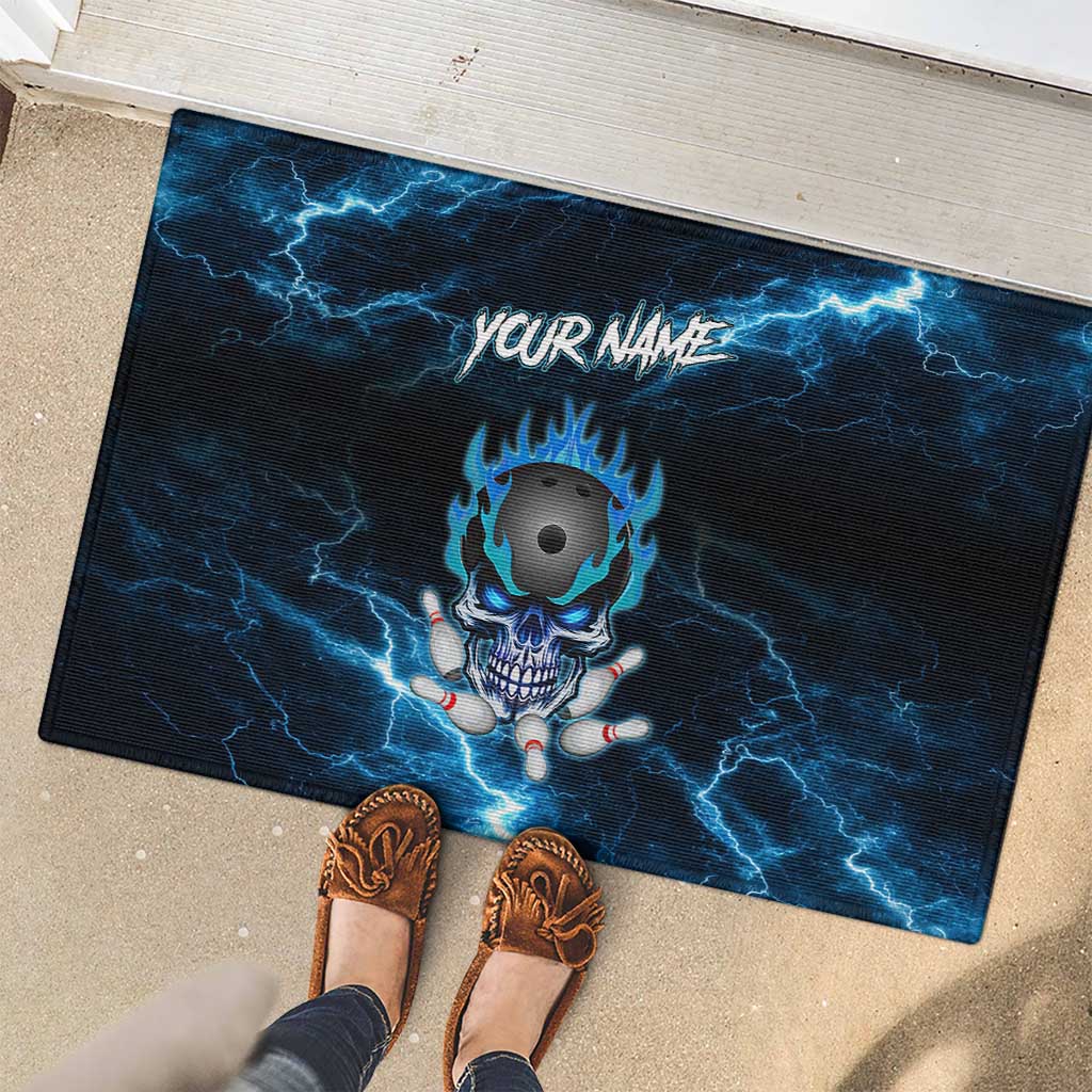 Personalized Bowling Skull Rubber Doormat with Blue Flame Energy and Electric Lightning Strike Pattern - Wonder Print Shop
