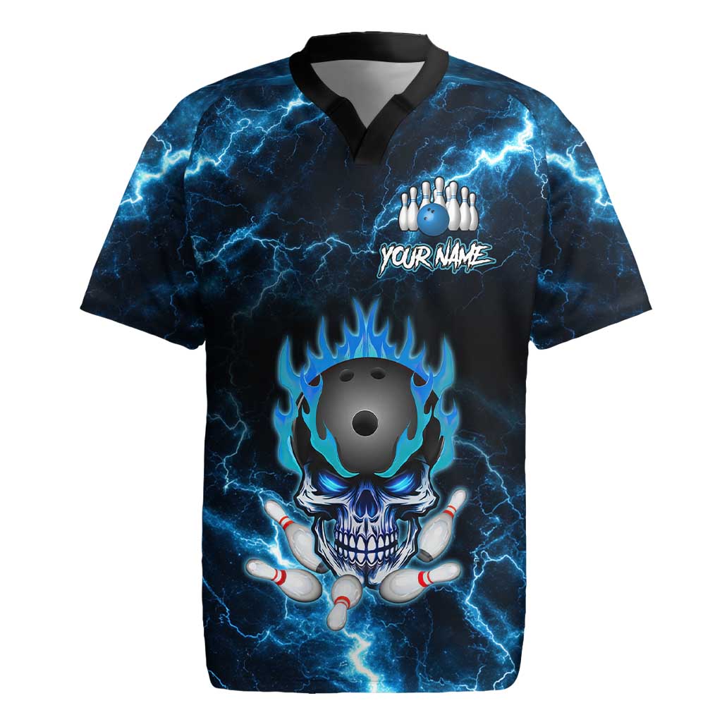 Personalized Bowling Skull Rugby Jersey with Blue Flame Energy and Electric Lightning Strike Pattern - Wonder Print Shop