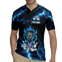 Personalized Bowling Skull Rugby Jersey with Blue Flame Energy and Electric Lightning Strike Pattern - Wonder Print Shop