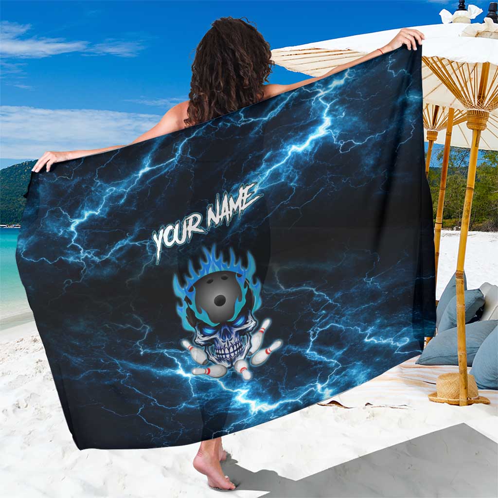 Personalized Bowling Skull Sarong with Blue Flame Energy and Electric Lightning Strike Pattern - Wonder Print Shop