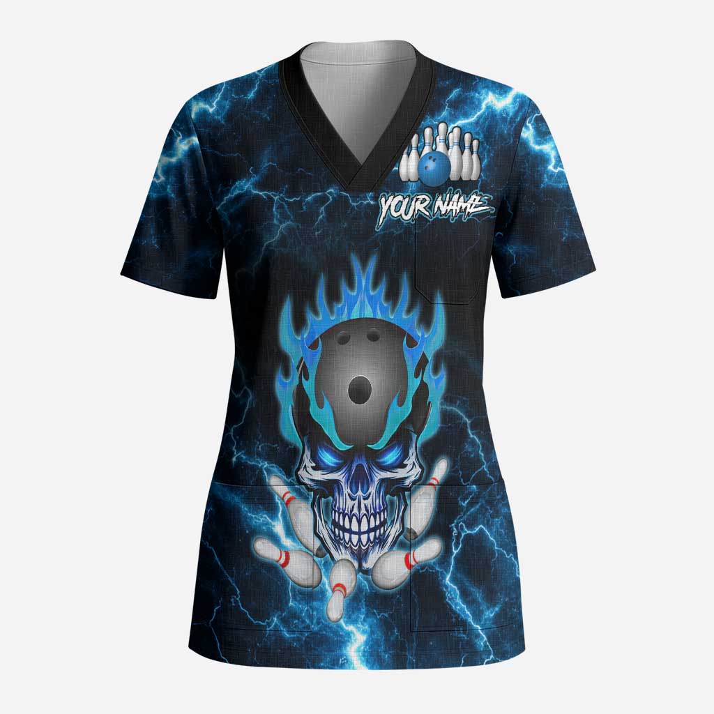 Personalized Bowling Skull Scrub Top with Blue Flame Energy and Electric Lightning Strike Pattern - Wonder Print Shop