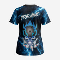 Personalized Bowling Skull Scrub Top with Blue Flame Energy and Electric Lightning Strike Pattern - Wonder Print Shop