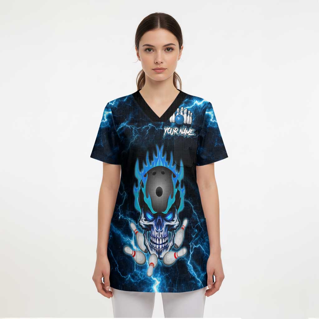 Personalized Bowling Skull Scrub Top with Blue Flame Energy and Electric Lightning Strike Pattern - Wonder Print Shop