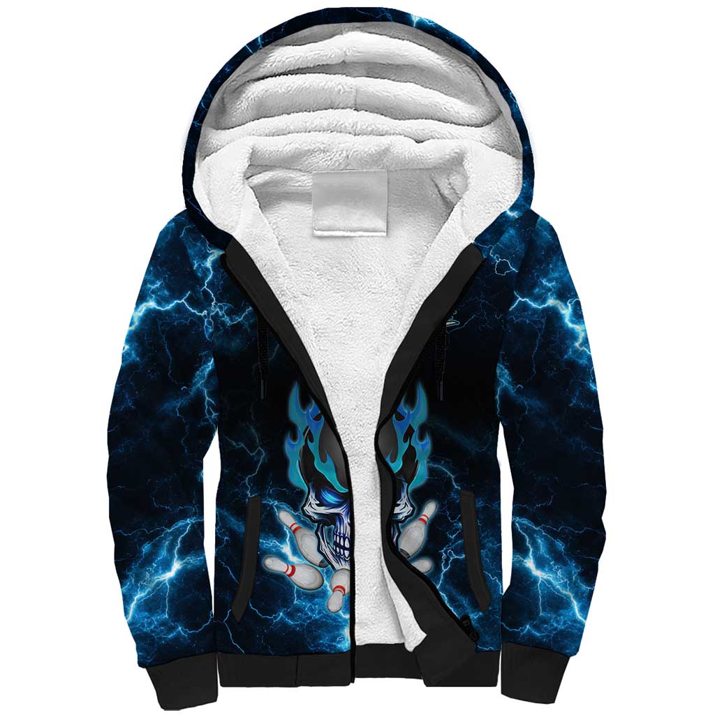 Personalized Bowling Skull Sherpa Hoodie with Blue Flame Energy and Electric Lightning Strike Pattern - Wonder Print Shop