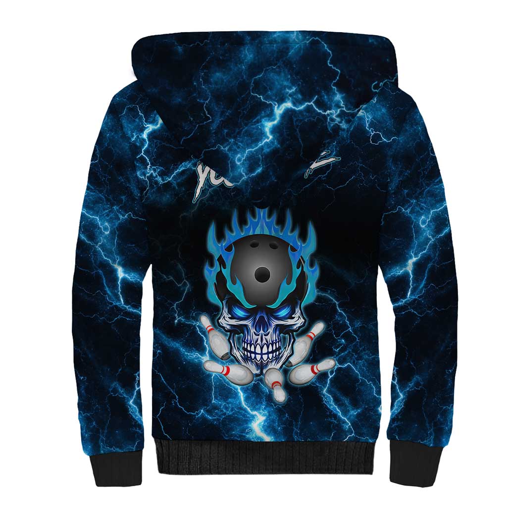 Personalized Bowling Skull Sherpa Hoodie with Blue Flame Energy and Electric Lightning Strike Pattern - Wonder Print Shop