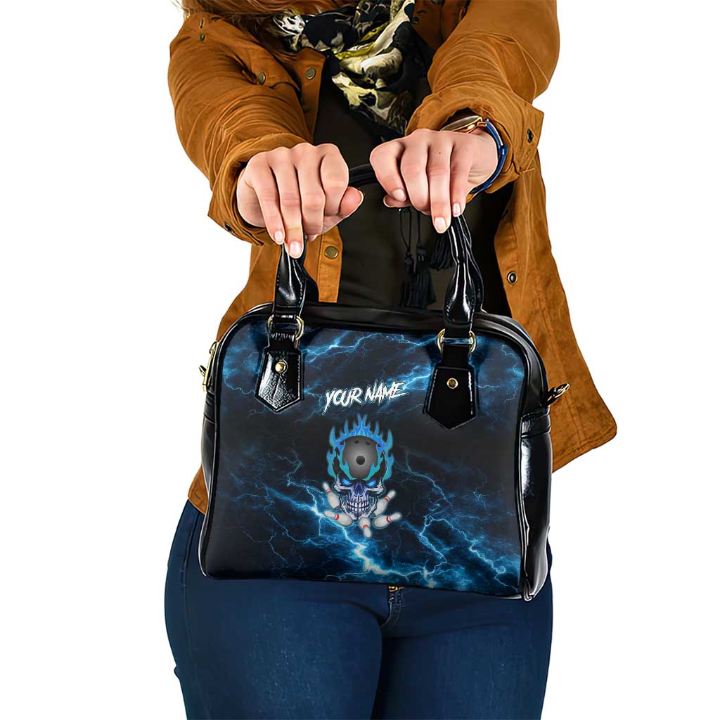 Personalized Bowling Skull Shoulder Handbag with Blue Flame Energy and Electric Lightning Strike Pattern - Wonder Print Shop