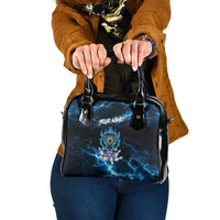 Personalized Bowling Skull Shoulder Handbag with Blue Flame Energy and Electric Lightning Strike Pattern - Wonder Print Shop