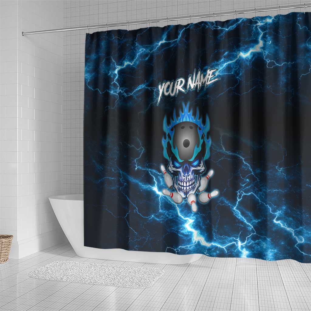 Personalized Bowling Skull Shower Curtain with Blue Flame Energy and Electric Lightning Strike Pattern - Wonder Print Shop