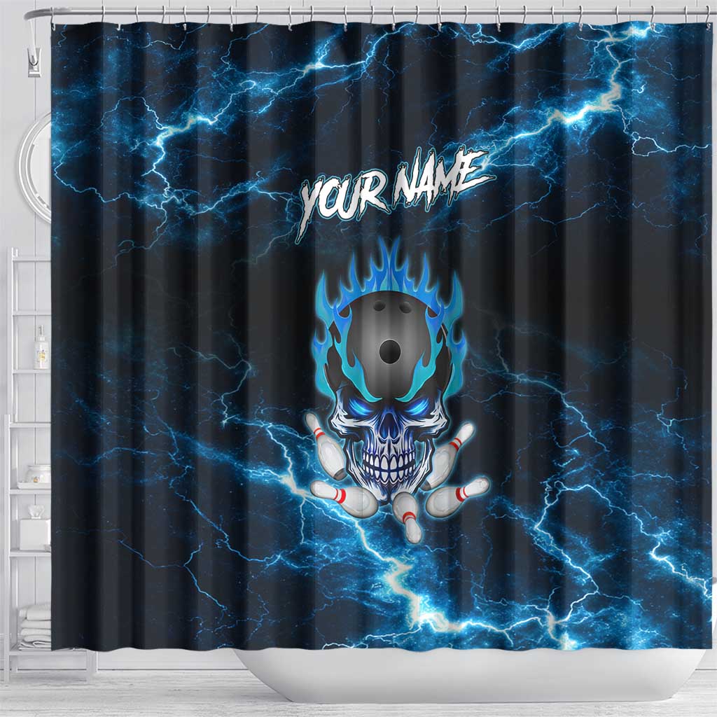 Personalized Bowling Skull Shower Curtain with Blue Flame Energy and Electric Lightning Strike Pattern - Wonder Print Shop