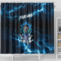 Personalized Bowling Skull Shower Curtain with Blue Flame Energy and Electric Lightning Strike Pattern - Wonder Print Shop
