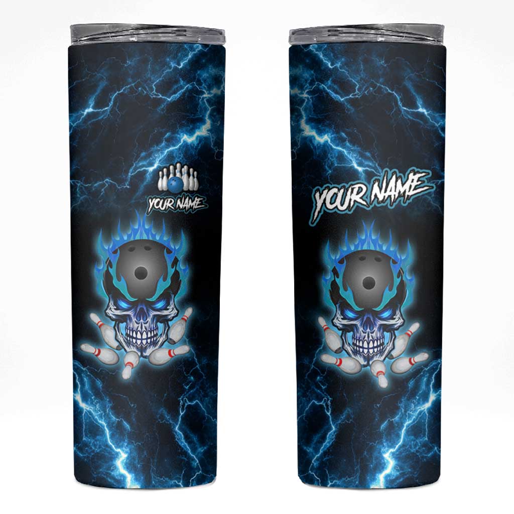 Personalized Bowling Skull Skinny Tumbler with Blue Flame Energy and Electric Lightning Strike Pattern - Wonder Print Shop