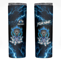 Personalized Bowling Skull Skinny Tumbler with Blue Flame Energy and Electric Lightning Strike Pattern - Wonder Print Shop