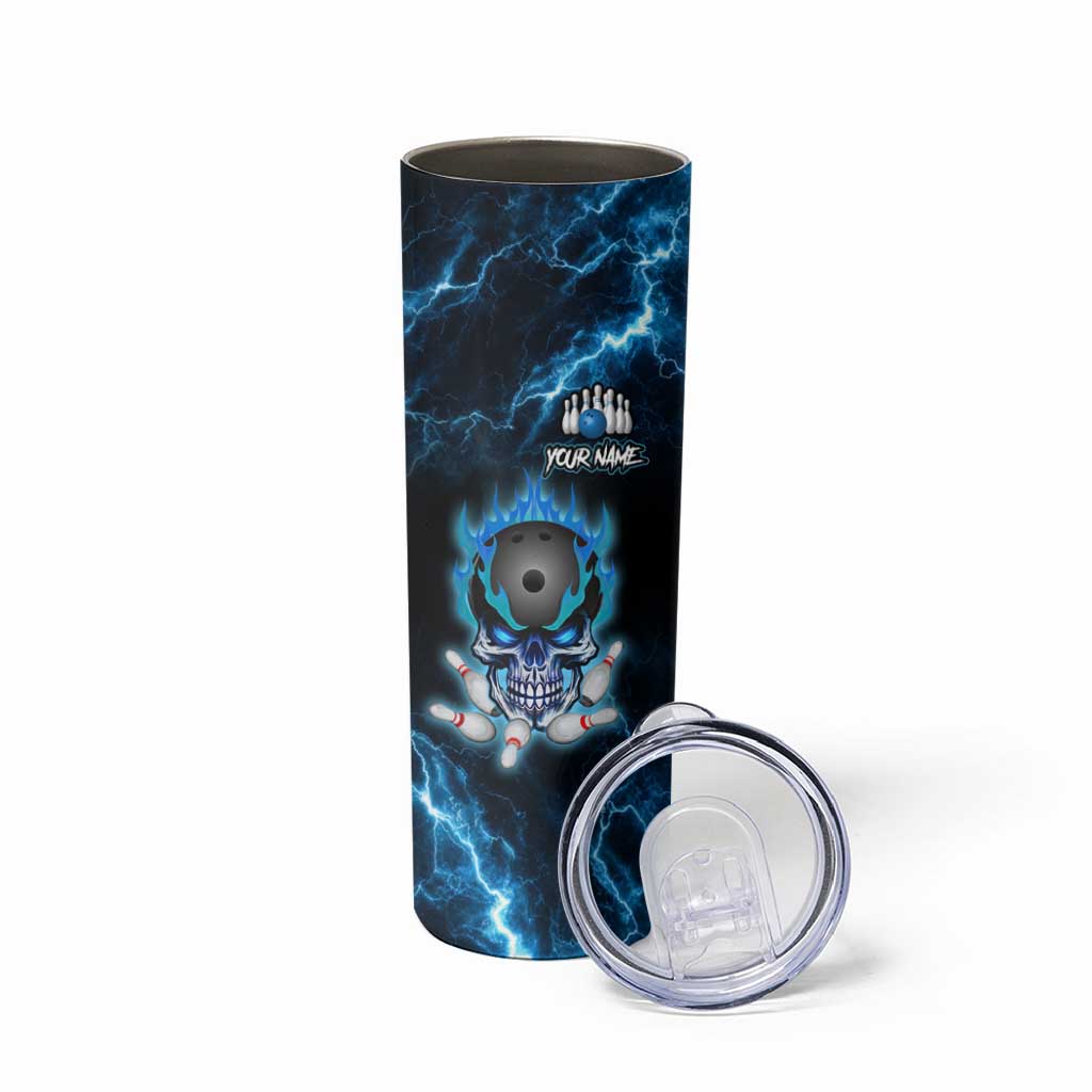 Personalized Bowling Skull Skinny Tumbler with Blue Flame Energy and Electric Lightning Strike Pattern - Wonder Print Shop