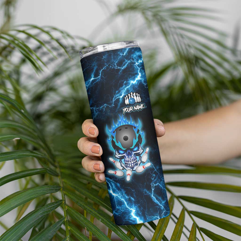 Personalized Bowling Skull Skinny Tumbler with Blue Flame Energy and Electric Lightning Strike Pattern - Wonder Print Shop