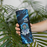 Personalized Bowling Skull Skinny Tumbler with Blue Flame Energy and Electric Lightning Strike Pattern - Wonder Print Shop