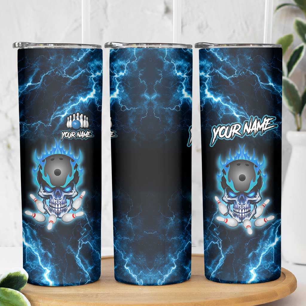 Personalized Bowling Skull Skinny Tumbler with Blue Flame Energy and Electric Lightning Strike Pattern - Wonder Print Shop