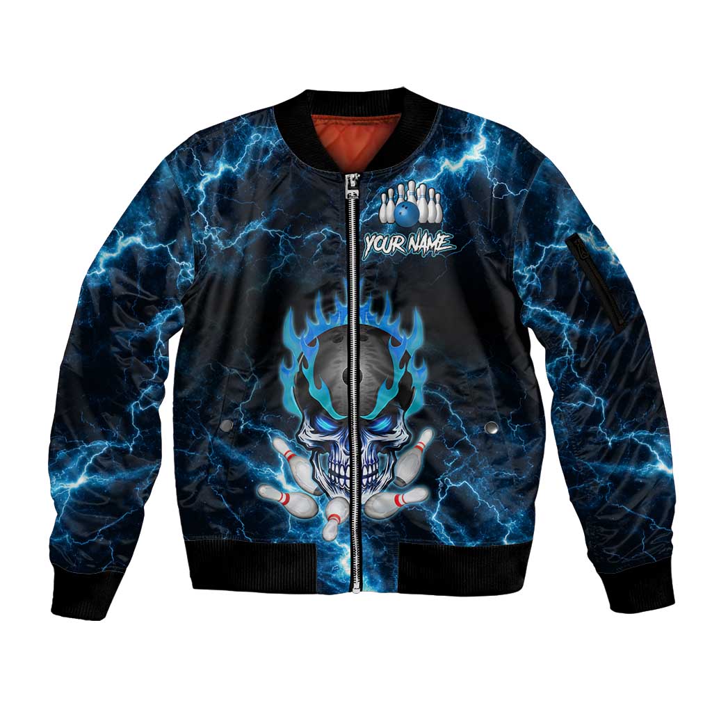 Personalized Bowling Skull Sleeve Zip Bomber Jacket with Blue Flame Energy and Electric Lightning Strike Pattern - Wonder Print Shop