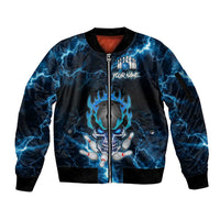Personalized Bowling Skull Sleeve Zip Bomber Jacket with Blue Flame Energy and Electric Lightning Strike Pattern - Wonder Print Shop