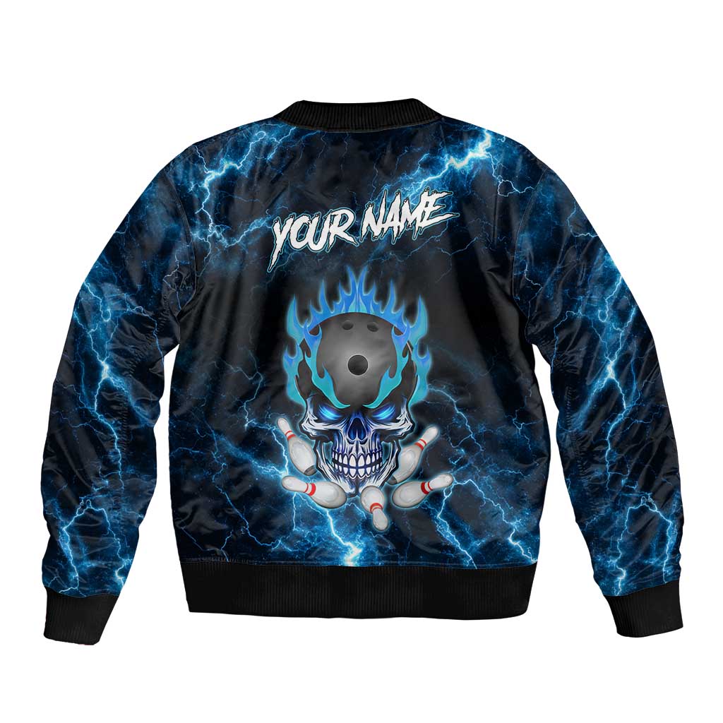 Personalized Bowling Skull Sleeve Zip Bomber Jacket with Blue Flame Energy and Electric Lightning Strike Pattern - Wonder Print Shop