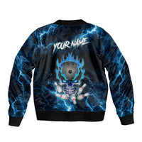 Personalized Bowling Skull Sleeve Zip Bomber Jacket with Blue Flame Energy and Electric Lightning Strike Pattern - Wonder Print Shop
