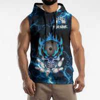 Personalized Bowling Skull Sleeveless Hoodie with Blue Flame Energy and Electric Lightning Strike Pattern - Wonder Print Shop