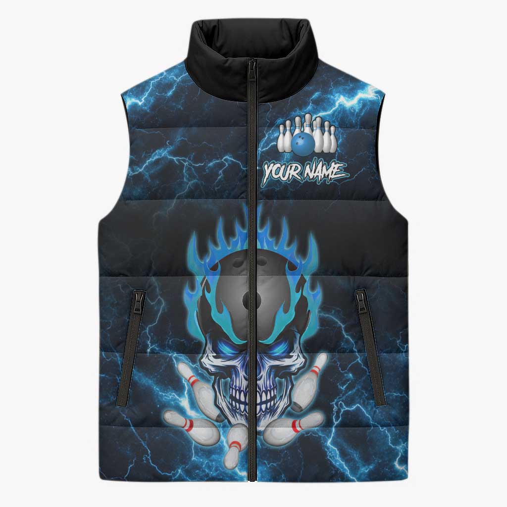 Personalized Bowling Skull Sleeveless Puffer Jacket with Blue Flame Energy and Electric Lightning Strike Pattern - Wonder Print Shop