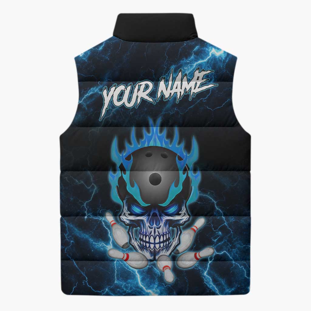 Personalized Bowling Skull Sleeveless Puffer Jacket with Blue Flame Energy and Electric Lightning Strike Pattern - Wonder Print Shop
