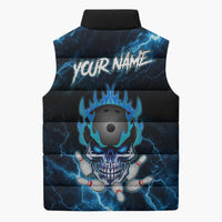 Personalized Bowling Skull Sleeveless Puffer Jacket with Blue Flame Energy and Electric Lightning Strike Pattern - Wonder Print Shop