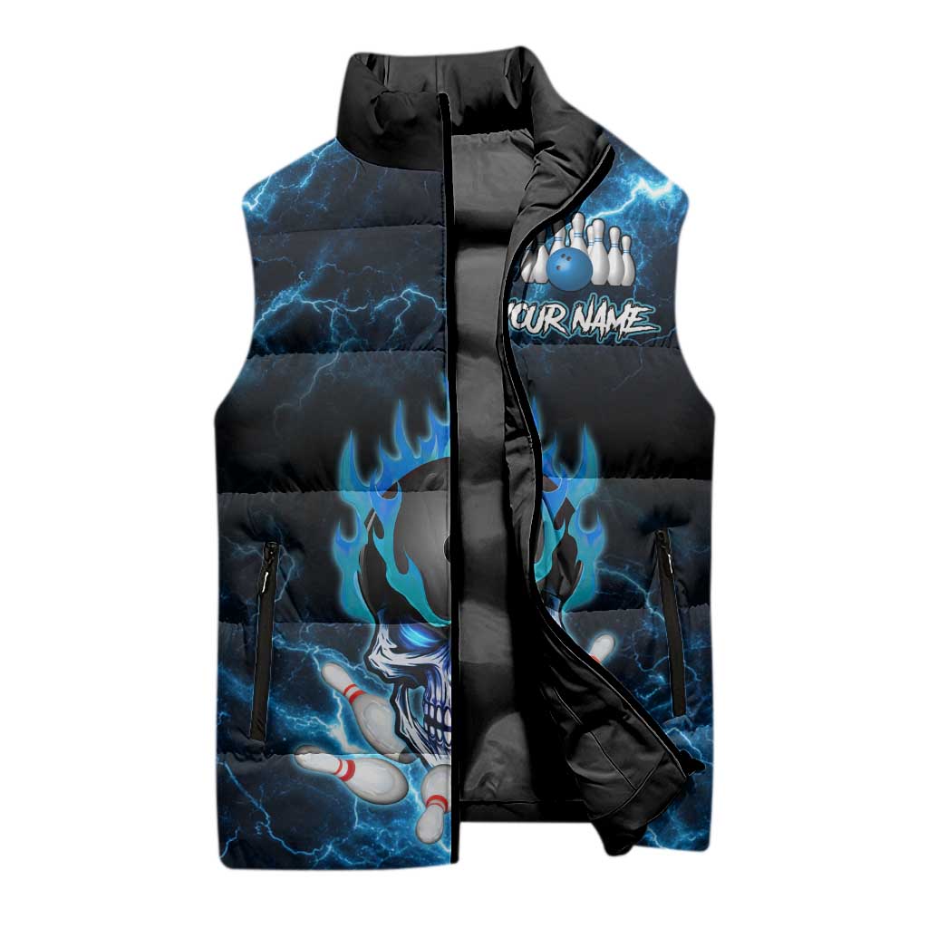 Personalized Bowling Skull Sleeveless Puffer Jacket with Blue Flame Energy and Electric Lightning Strike Pattern - Wonder Print Shop