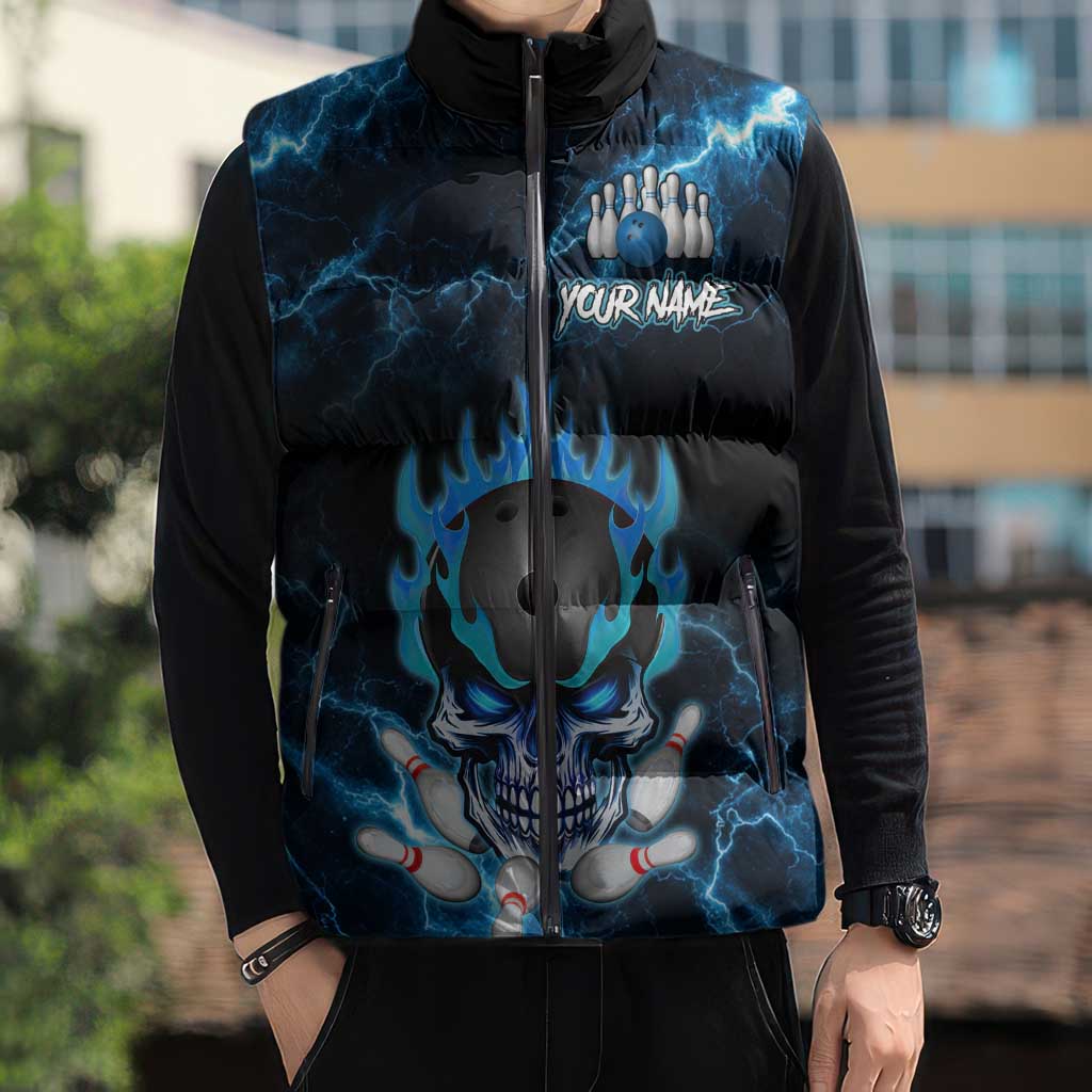 Personalized Bowling Skull Sleeveless Puffer Jacket with Blue Flame Energy and Electric Lightning Strike Pattern - Wonder Print Shop