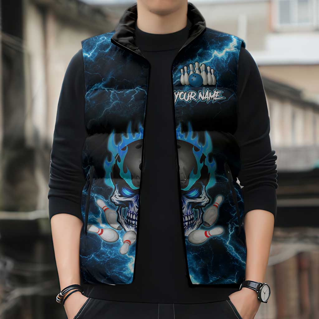 Personalized Bowling Skull Sleeveless Puffer Jacket with Blue Flame Energy and Electric Lightning Strike Pattern - Wonder Print Shop
