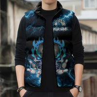 Personalized Bowling Skull Sleeveless Puffer Jacket with Blue Flame Energy and Electric Lightning Strike Pattern - Wonder Print Shop