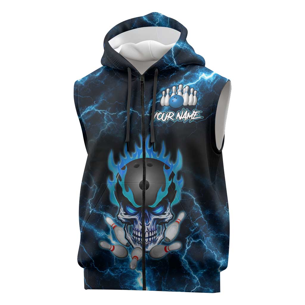 Personalized Bowling Skull Sleeveless Zip Hoodie with Blue Flame Energy and Electric Lightning Strike Pattern - Wonder Print Shop