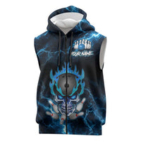 Personalized Bowling Skull Sleeveless Zip Hoodie with Blue Flame Energy and Electric Lightning Strike Pattern - Wonder Print Shop