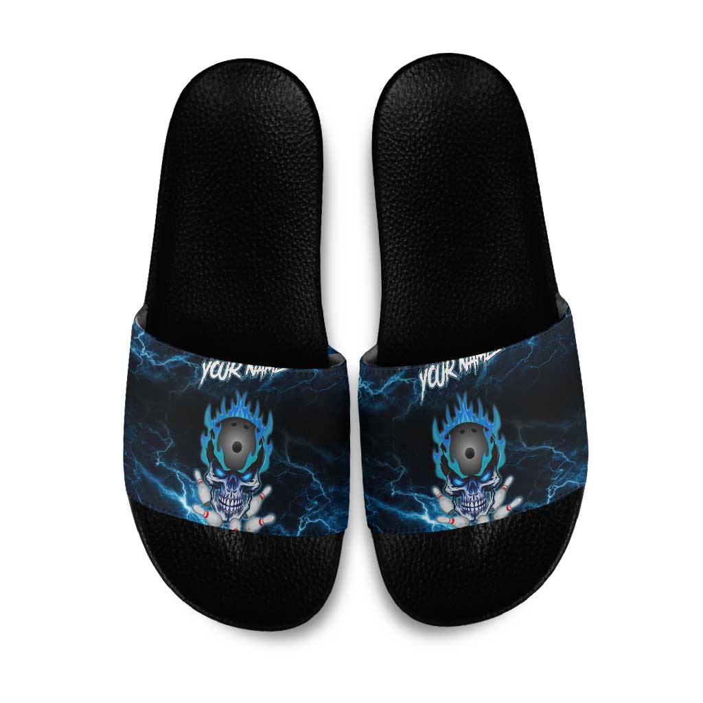 Personalized Bowling Skull Slide Sandals with Blue Flame Energy and Electric Lightning Strike Pattern - Wonder Print Shop
