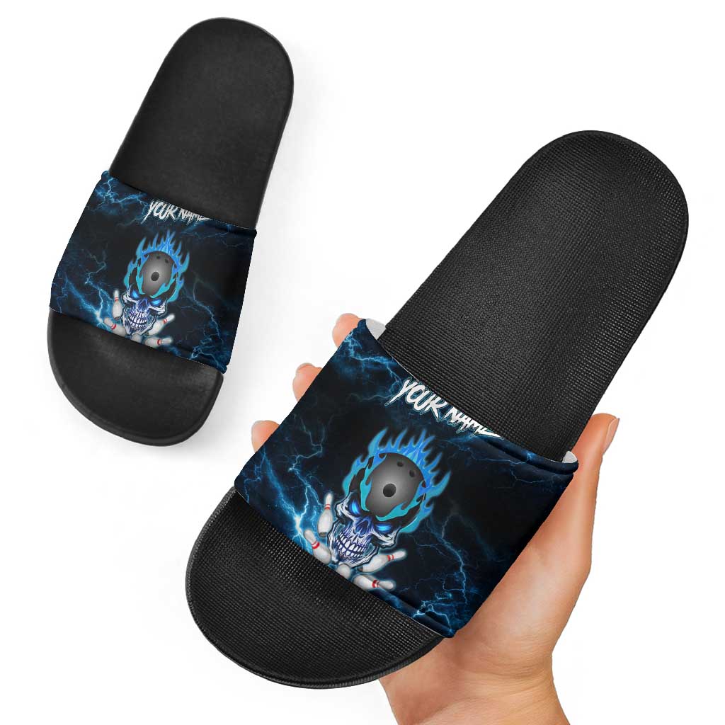 Personalized Bowling Skull Slide Sandals with Blue Flame Energy and Electric Lightning Strike Pattern - Wonder Print Shop