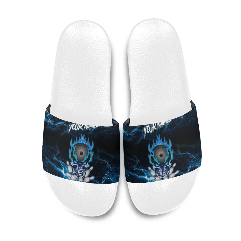 Personalized Bowling Skull Slide Sandals with Blue Flame Energy and Electric Lightning Strike Pattern - Wonder Print Shop