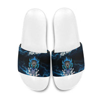 Personalized Bowling Skull Slide Sandals with Blue Flame Energy and Electric Lightning Strike Pattern - Wonder Print Shop